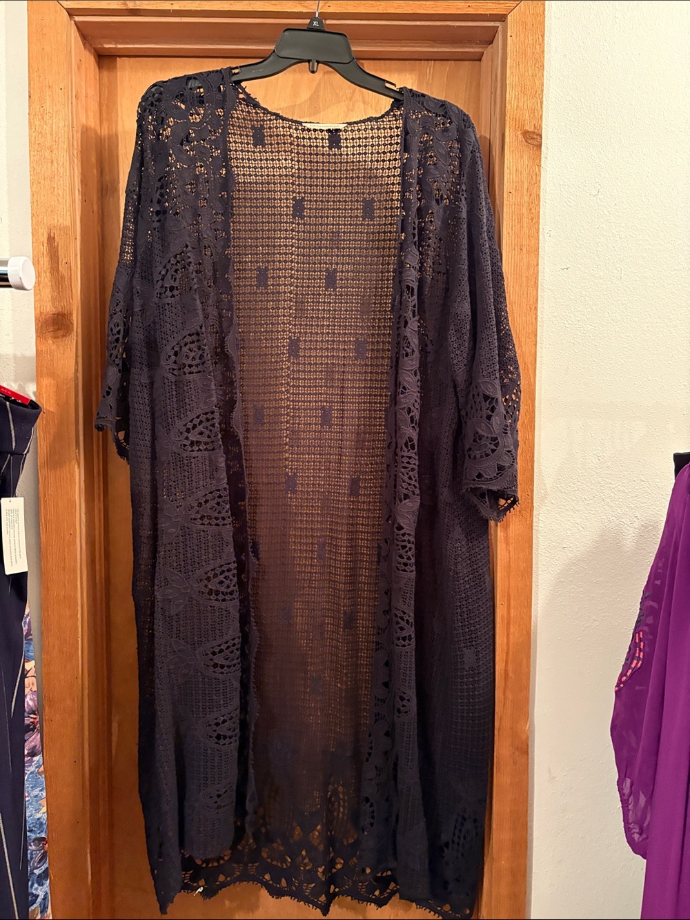 Soft Surroundings Navy Crochet Open-Front Sweater Duster